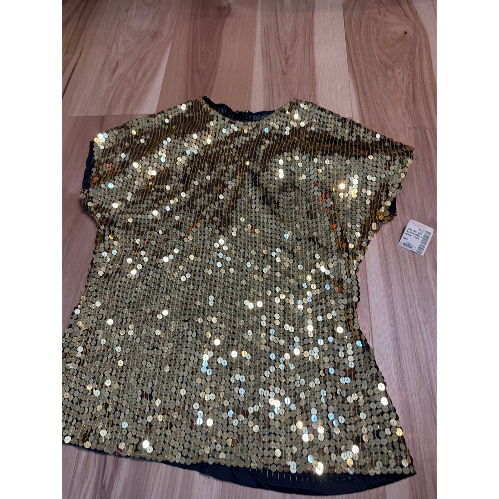 Della Roufogali Sequin Top Women Medium Gold Silk Short Sleeve Saks Fifth Avenue